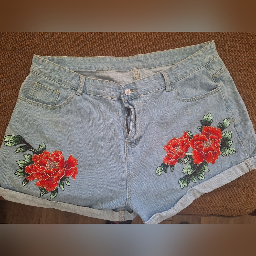 SHEIN Blue Jean Shorts with Red Floral Embroidery